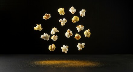 Floating popcorn kernels on dark background