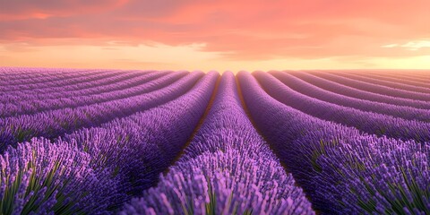 Obraz premium A breathtaking view of vibrant lavender fields stretching into the horizon, bathed in soft hues of pink and orange during sunset, creating a serene and tranquil atmosphere.