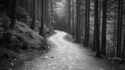 Naklejka premium A beautiful winding path through a forest lined with trees, stone walls, and fallen leaves in black and white.
