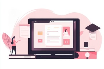 Register enrollment screen. A digital illustration of a woman interacting with a laptop, featuring educational elements, documents, and a graduation cap, set in a soft, pastel color scheme.