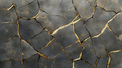 Close-up of a textured, cracked surface with golden veins, creating a striking contrast against a dark background.