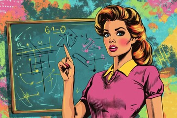 Retro pop art depiction of a teacher explaining equations on a chalkboard with colorful and dynamic artistic flair