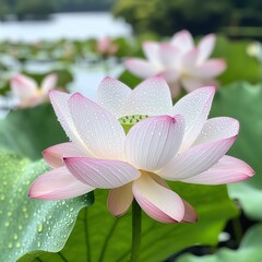 Fototapeta premium A beautiful lotus flower in full bloom with delicate petals and dewdrops, surrounded by lush green leaves.