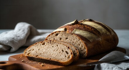 Artisan sourdough bread on wooden cutting board