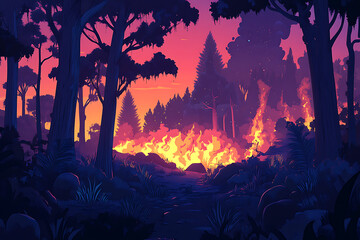 Obraz premium A vibrant forest scene depicting a fire amidst the trees at sunset.