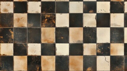 A vintage checkerboard pattern featuring a mix of black and cream tiles with distressed textures.