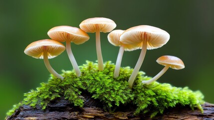 Fototapeta premium A cluster of delicate mushrooms growing on a log, surrounded by vibrant green moss in a serene forest setting.