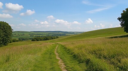 Obraz premium Rolling green pastures with a dirt path cutting through, under a bright summer sky