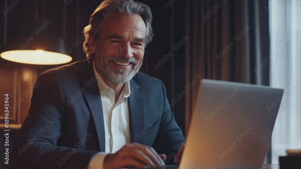 Poster a man in a suit is smiling while using a laptop
