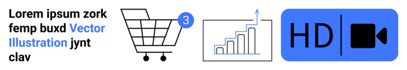 Shopping cart with notification, ascending bar graph, and HD video symbol. Ideal for e-commerce, analytics, digital marketing, online shopping, business growth, data visualization. Landing page