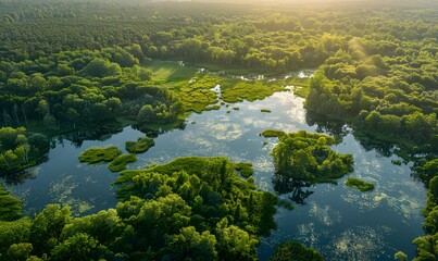 Ecosystem Diversity, Aerial image capturing a diverse forest area, with visible clearings, dense patches, and water bodies