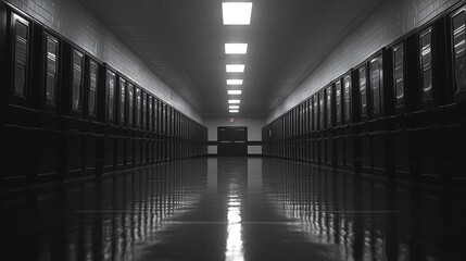 Fototapeta premium An empty hallway with lockers and a door at the end. The floor is shiny and reflective.