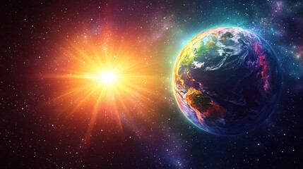 A bright and colorful space scene with a sun-like object at the center and the brightly illuminated Earth.