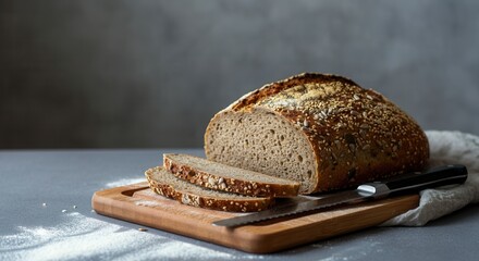 Sliced homemade multigrain bread on wooden cutting board