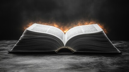 An open book with glowing orange light emanating from its pages, symbolizing knowledge and power.