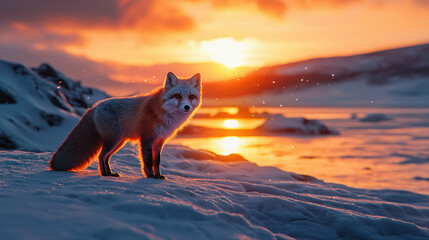 Arctic Fox Hunting on a Frozen Beach at Sunset with Snow-Covered Landscape and Stunning Wildlife in a Realistic 16K Scene