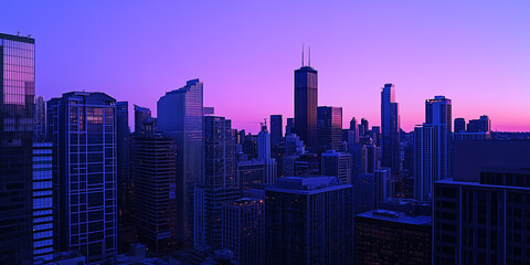 Fototapeta premium Modern City Skyline with Office Buildings and Drone View at Sunset