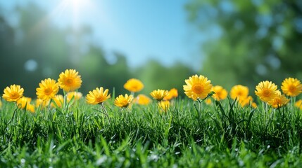 Obraz premium Bright yellow wildflowers in a field of green grass with a blurred background of green trees and a sun shining in the sky.