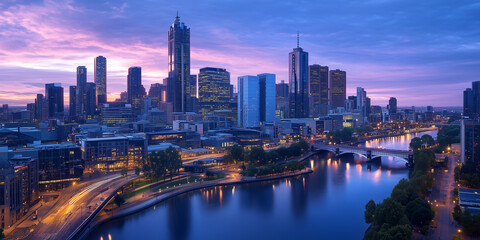 Naklejka premium Modern City Skyline with Office Buildings and Drone View at Sunset