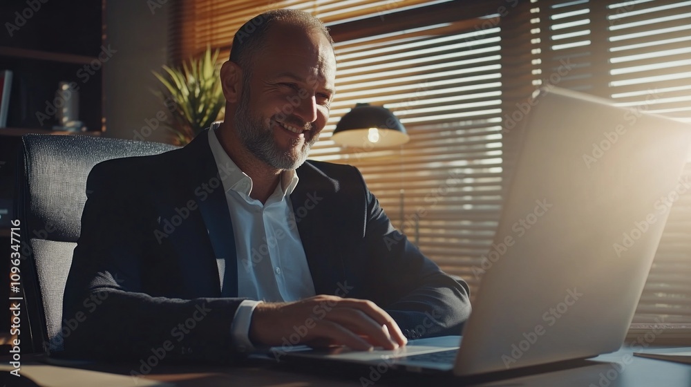 Poster a man in a suit is sitting at a desk with a laptop in front of him