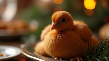 The adorable domesticated bird, typically brown in color, is often displayed as a festive centerpiece during holiday gatherings.