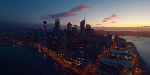 Naklejka premium Modern City Skyline with Office Buildings and Drone View at Sunset