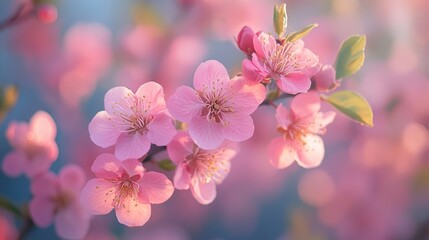 Obraz premium Close-up of delicate pink cherry blossoms on a branch with a soft focus background.