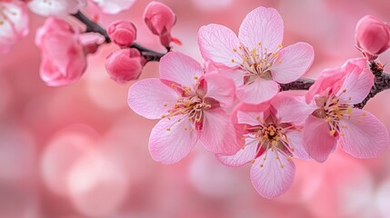 Fototapeta premium Close-up of delicate pink cherry blossoms with a blurred background of more blossoms.