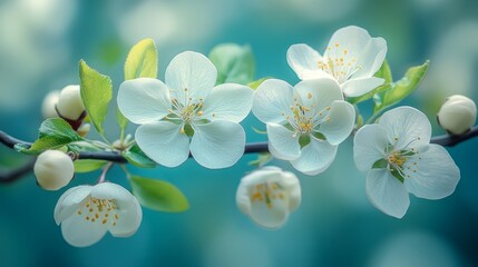 Fototapeta premium Close-up of delicate white blossoms blooming on a branch, with a soft blue background.