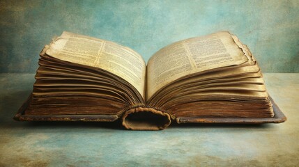 An antique open book showcasing yellowed pages and detailed text, set against a textured turquoise background.