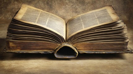 Obraz premium An antique, open book with weathered pages resting on a textured surface, exuding vintage charm and historical significance.