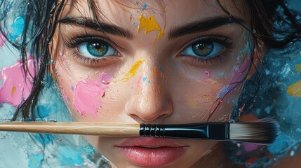 Oil painting close up of a woman with blue eyes, with paint splashes on her face, lips and a brush in her mouth.