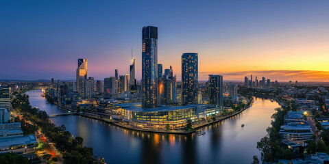 Fototapeta premium Modern City Skyline with Office Buildings and Drone View at Sunset