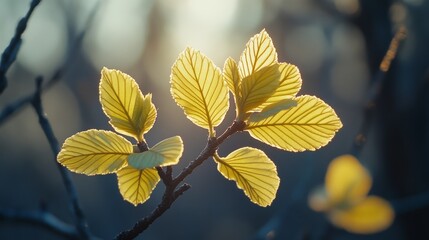 Obraz premium Close-up of delicate, yellow-green leaves backlit by the sun on a branch, creating a soft, ethereal glow.