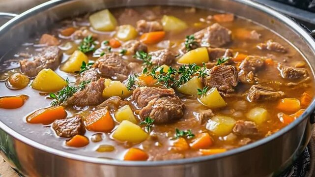 Simmering hot beef stew bubbling in a pot