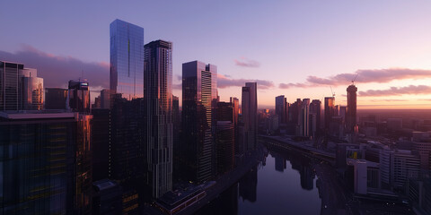 Fototapeta premium Modern City Skyline with Office Buildings and Drone View at Sunset