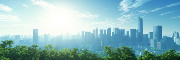 Fototapeta premium Urban skyline at sunrise with lush green foreground and modern architecture, Pollution free concept