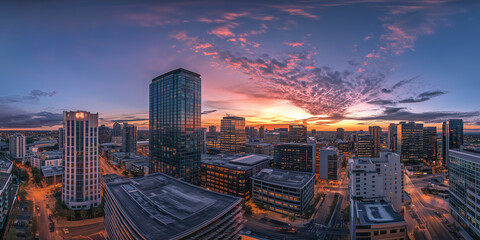 Obraz premium Modern City Skyline with Office Buildings and Drone View at Sunset