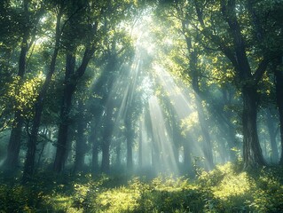 A serene forest scene featuring vibrant green trees bathed in soft sunlight, with rays filtering through the foliage, creating a peaceful and enchanting atmosphere.