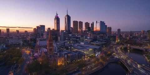 Obraz premium Modern City Skyline with Office Buildings and Drone View at Sunset