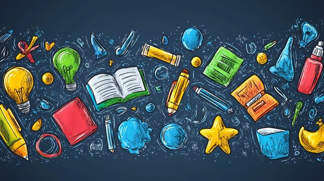 Colorful hand-drawn school supplies and objects, including pencils, books, light bulbs, and a star, on a blue background.