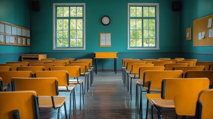 Fototapeta premium Empty classroom with rows of yellow chairs facing a small podium, with two large windows behind it.