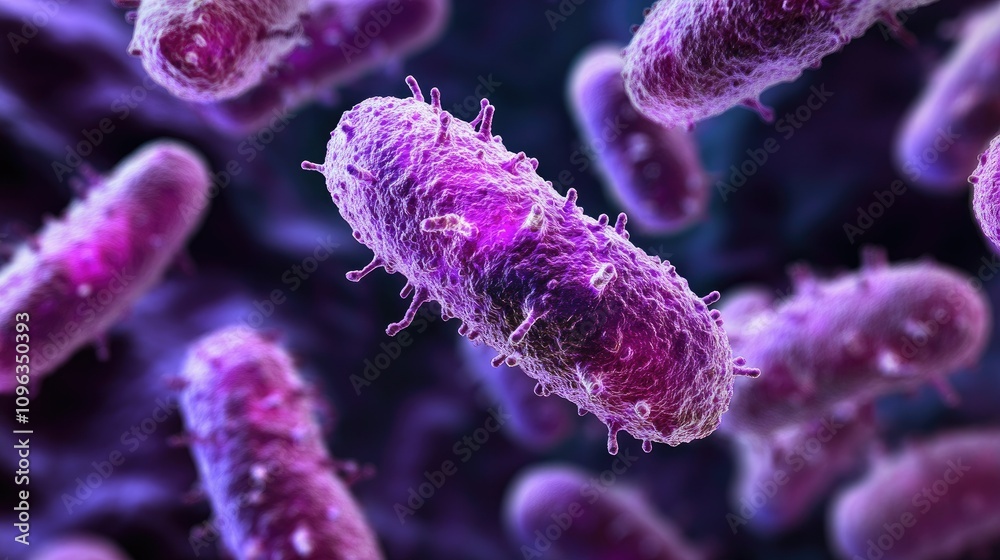 Poster a close-up of salmonella bacteria under a microscope, showing the cellular detail of this harmful pa