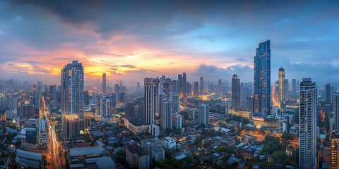 Fototapeta premium Modern City Skyline with Office Buildings and Drone View at Sunset