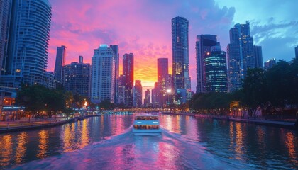 Fototapeta premium A vibrant city skyline at sunset, reflecting colorful hues on the water, with a boat traveling along a scenic canal.