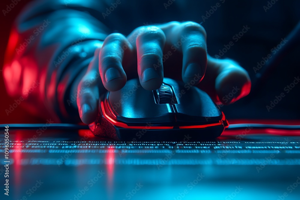 Aufkleber a close-up of a hand using a computer mouse on a digital interface with glowing elements.