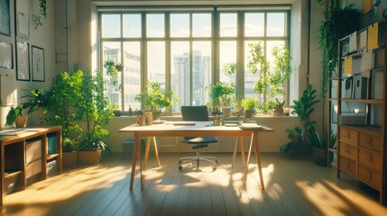 Fototapeta premium Bright Modern Office Interior with Plants and Light
