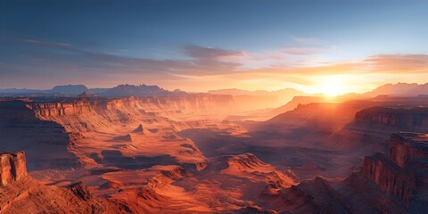 Fototapeta premium A breathtaking view of a vast canyon landscape at sunrise, featuring warm hues of orange and gold illuminating the rugged terrain of the rocky formations.