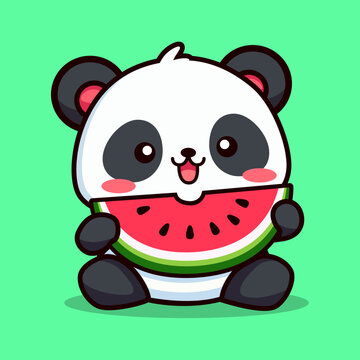 cute panda eating watermelon cartoon character flat color vector illustration template design