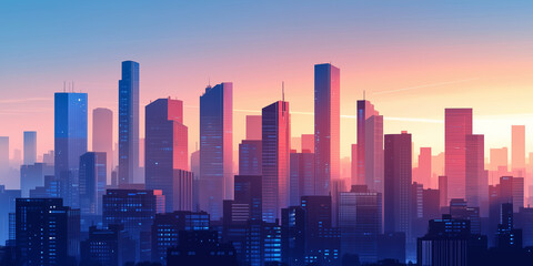 Fototapeta premium Modern City Skyline with Office Buildings and Drone View at Sunset